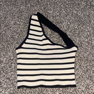 BERSHKA Striped Black and White One-Shoulder Top